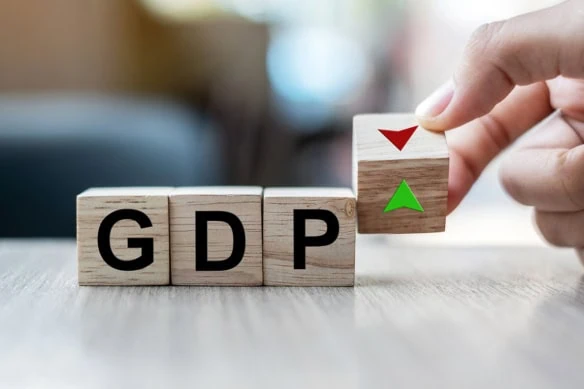 blocks that spell gdp with another block that has up and down arrows.